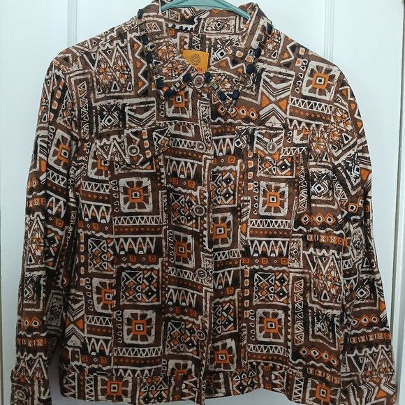 Ruby RD LIGHT WEIGHT LINEN JACKET FALL COLORS, SIZE 14, AZTEC GEOMETRIC DESIGNS - Picture 1 of 7